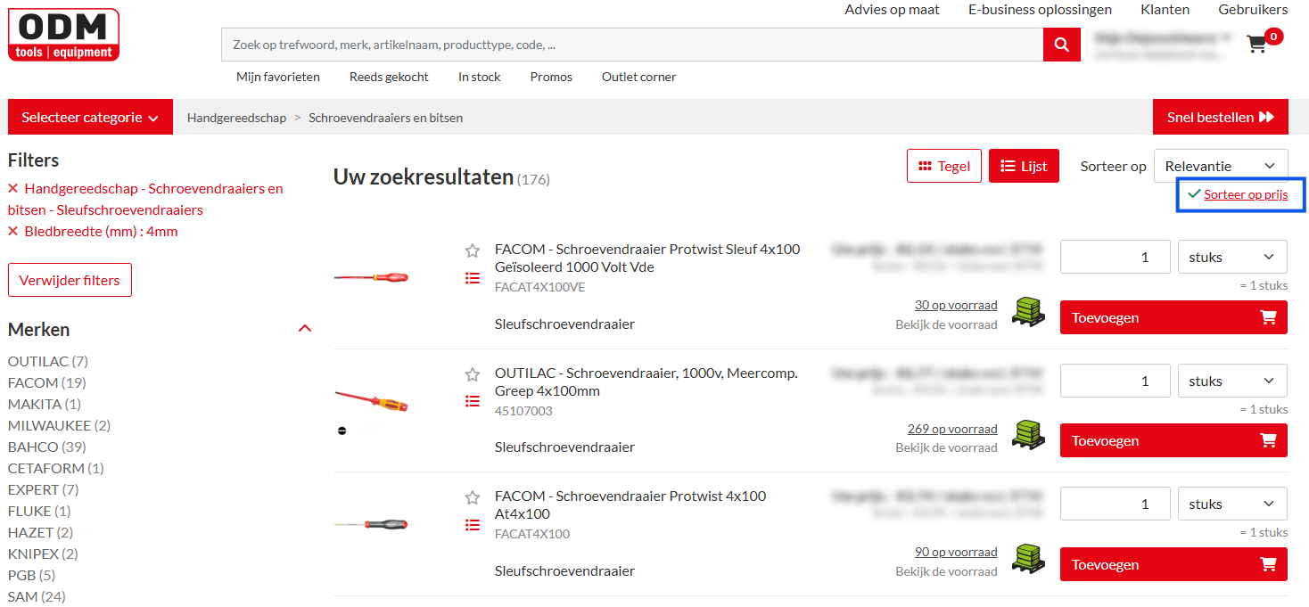 Producten sorteren op prijs in de ODM webshop